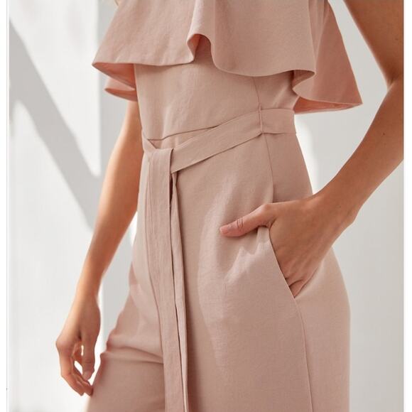 Aritzia Babaton Flutter Strapless Ruffle Cropped Wide Leg Jumpsuit in Pink | 2 - Picture 6 of 6